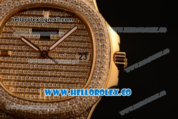 Patek Philippe Nautilus Miyota 9015 Automatic Diamonds/Yellow Gold Case with Diamonds Dial and Brown Leather Strap (AAAF) - Click Image to Close